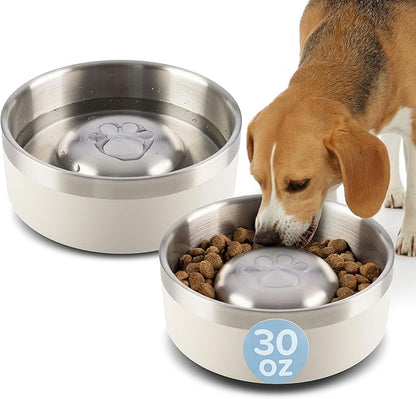Set of 2 Stainless Steel Slow Feeder Dog Bowls - 30oz or 3.75 Cups Double Wall Insulated Food and Water Bowls for Dogs - Non Slip Metal Pet Dishes for Small-Medium Sized Pets PETMAKER (Cream)