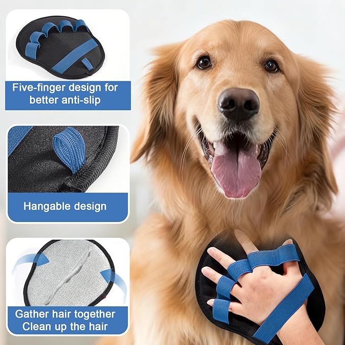 2pcs Pet Hair Fur Removal Mitt Glove for Cats Dogs 5-Finger Electrostatic Reusable Pet Hair Remover Brush Tool for Couch Furniture Carpet Laundry Clothing (Blue)