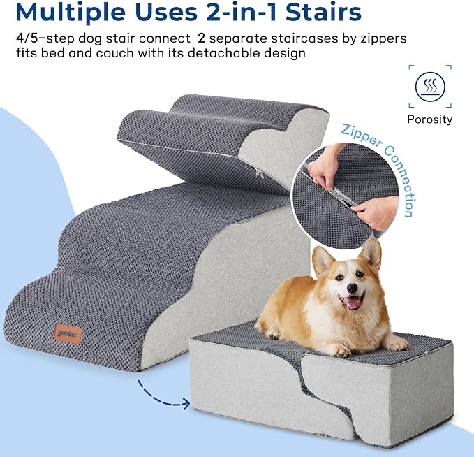 Dog Stairs Ramp for High Beds Up to 25" H - 5 Step Pet Stairs for Small to Large Dogs, 35D Foam Dog Steps for Couch with Non-Slip Bottom Grey