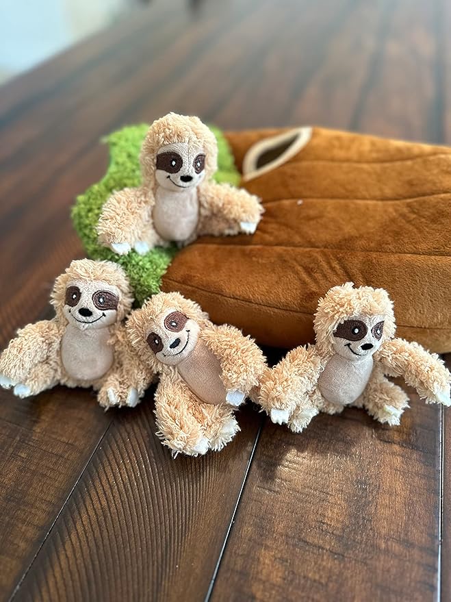 Glow Pups Hide and Seek Dog Toy, Sloth Dog Toy, Plush Squeaky Burrow Tree for Dogs, Interactive Puzzle for Mental Stimulation, Woodland Style, Medium Size, Set of 4