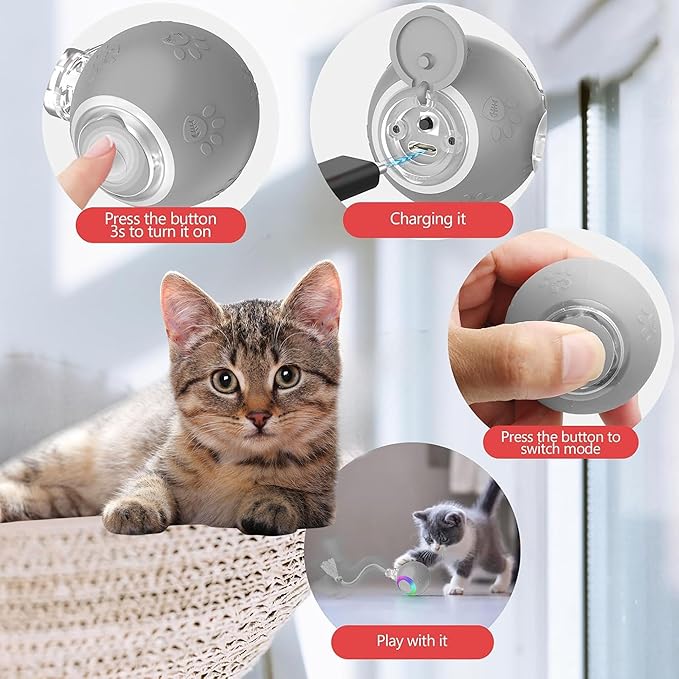 Quibron Interactive Cat Ball Toy with Flashing Lights & Bird Sounds - Multi-Surface Adaptive Roller, USB Rechargeable Motion-Activated Cat Teaser for Indoor Cats, Smart Enrichment Gift (Grey)
