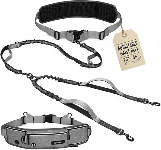 Tails & Tales Hands Free Dog Leash with Waist Pouch, Lumbar Support Upgraded, Bungee Reflective Leash, Adjustable Belt 25-55", Walking Running Hiking Training for Dogs Up to 125lbs (Gray, Two Dogs)
