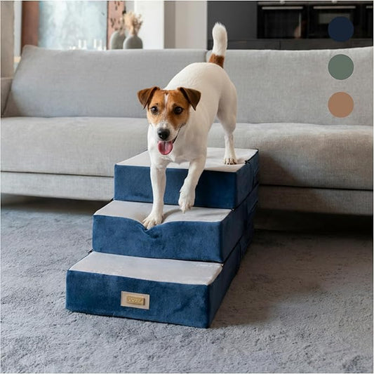 All-in-One Adjustable Dog Stairs – 5-Step Premium Pet Ramp for Small Dogs – Sturdy, Non-Slip & Versatile for Beds, Sofas & More - Soft Cover, Modern Design (Blue & Gray)