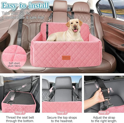 HEGGCOOE Dog Car Seat for Medium/Large Dogs, Pet Booster Seat for Under 55 lbs or 2 Small Dogs, Detachable & Washable Dog Car Bed for Backseat with 2 Safety Leashes (Pink)