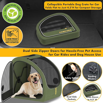PAWZIDEA Portable Dog Crate for Car Travel, Collapsible Pet Travel Crates for Medium & Large Dogs Up to 80lbs, Enclosed Soft-Sided Car Kennel Carrier for Backseat, Secures w/Seatbelt & Headrest Strap