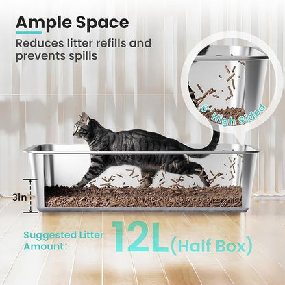 Large Stainless Steel Cat Litter Box, 17.7”x13.8”x6” Metal Litter Box with High Sided for Small Big Cats, Odor Free Kitty Litter Tray, Anti-Leakage, Non Sticky Litter Pan, L