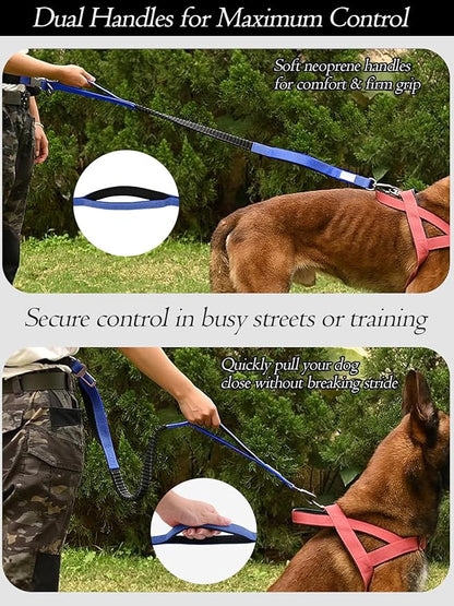 Hands Free Dog Leash with Zipper Pouch & Waist Belt – Reflective Durable Bungee Leash with Dual Padded Handles for Walking, Jogging & Running, Fits Small to Large Dogs (Blue)