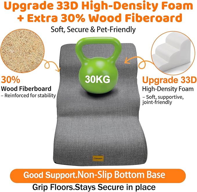 Gimars 30D High-Density Foam & Extra-Wide, Stable 3-Step Dog Stairs, 40cm High Pet Stairs with Washable Cover & Non-Slip Base, Portable Ramp for Small Dogs to Sofa, Bed, Couch, Car