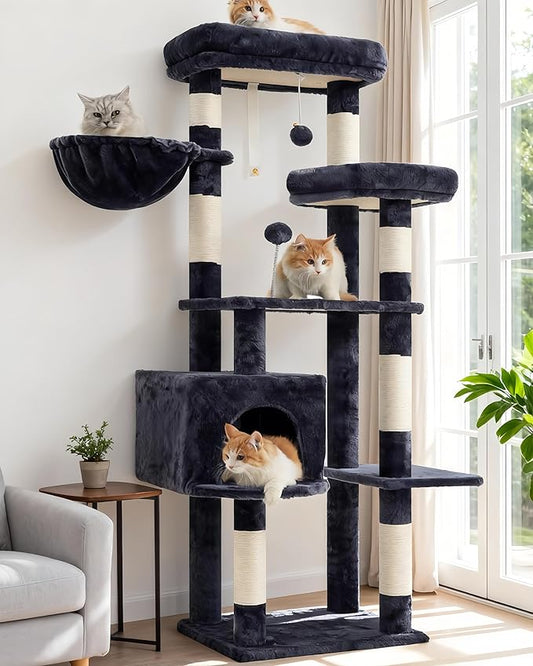 Cat Tree for Indoor Cats, 55.1 inch Cat Tower with 7 Sisal Scratching Posts, Multi-level Cat Condo wit Large Play Platform Furry Ball, Cat Cave, 2 Padded Perches, Basket, Smoky Gray GCT013G