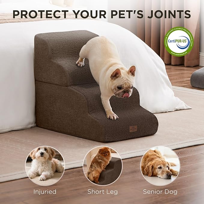 Joydeco Dog Stairs for Bed 17.1" H, 3-Step Pet Steps for Small Dogs and Cats, Dog Steps for High Bed, Non-Slip Balanced Ramp Indoor Pet Stairs, Brown