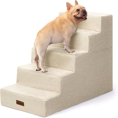 Pet Stairs for High Bed, 5-Step Dog Stairs for Small Dogs, Indoor Non-Slip Dog Steps for Old Cats, Puppy, Small Medium Dogs,22.6" H,Beige