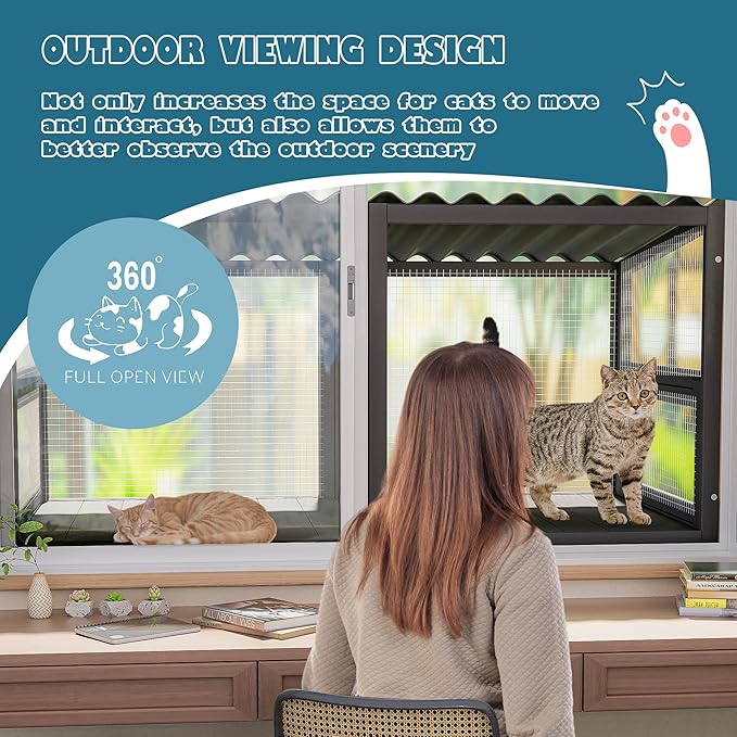 MAGIC UNION Cat Catio, Cat Windows Perch for Large Indoor Cats - Expandable Wooden Windows Box Enclosure, Waterproof Window Hammock for Safely Enjoying The Outdoor Sight (Black, 41.3" L)