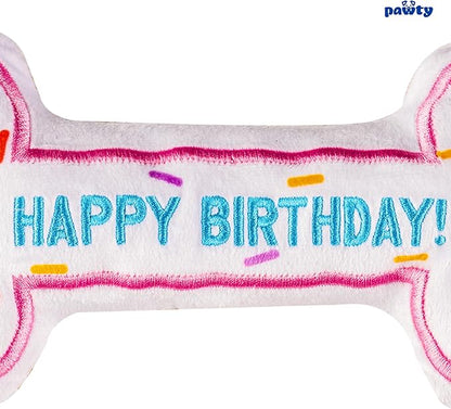 PAWTY Birthday Bone Dog Toy - Funny Interactive Tug Rope Squeaky Dog Birthday Gift - Plush Pink Bone Toy for Small Medium Dogs - Dog Birthday Party Supplies