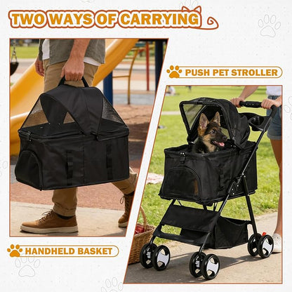 Pet Stroller 4 Wheels Dog Cat Stroller for Small Medium Dog Cats Carrier Jogger Travel Foldable Puppy with Detachable Carrier