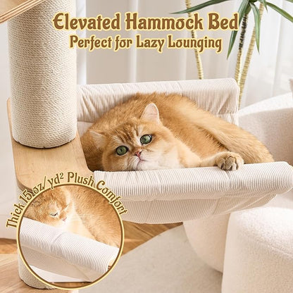 64.2" Modern Cat Tree for Indoor Cats, Solid Wood Cat Tower with Chunky Scratching Posts, 20" Roomy Condo, Cat Bed, Hammock, Capsule Nest, Interactive Squeaky Toy, Multi-Level Cat Furniture