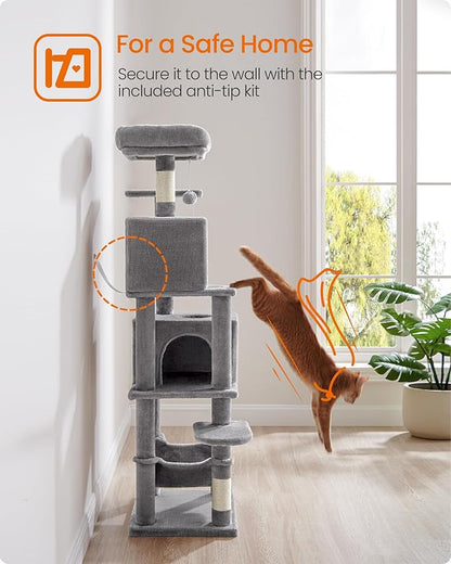Feandrea Cat Tree, 59.5-Inch Tall Cat Tower, Plush Multi-Level Condo with 5 Scratching Posts, 2 Perches, 2 Caves, Hammock, 2 Pompoms, Light Gray UPCT192W01