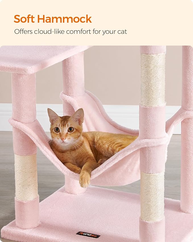 Feandrea Cat Tree, 55.1-Inch Cat Tower, Plush Multi-Level Condo with 4 Scratching Posts, 2 Perches, Hammock, Cave, Jelly Pink UPCT161P01