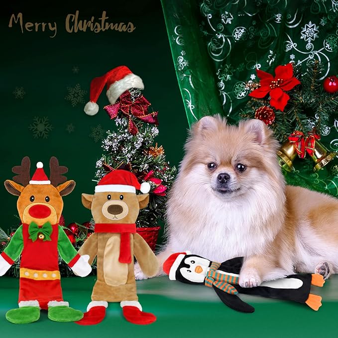 3 Pack Christmas Squeaky Dog Toys, Plush No Stuffing Toy for Dog Puppy, Durable Chew Bite Toys for Small Medium Large Dogs, Interactive Xmas Reindeer, Penguin, Bear for Aggressive Chewers