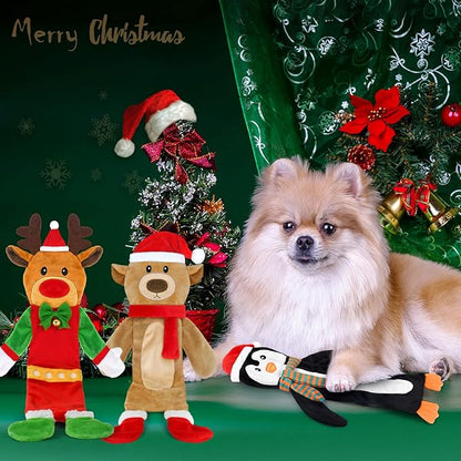 3 Pack Christmas Squeaky Dog Toys, Plush No Stuffing Toy for Dog Puppy, Durable Chew Bite Toys for Small Medium Large Dogs, Interactive Xmas Reindeer, Penguin, Bear for Aggressive Chewers