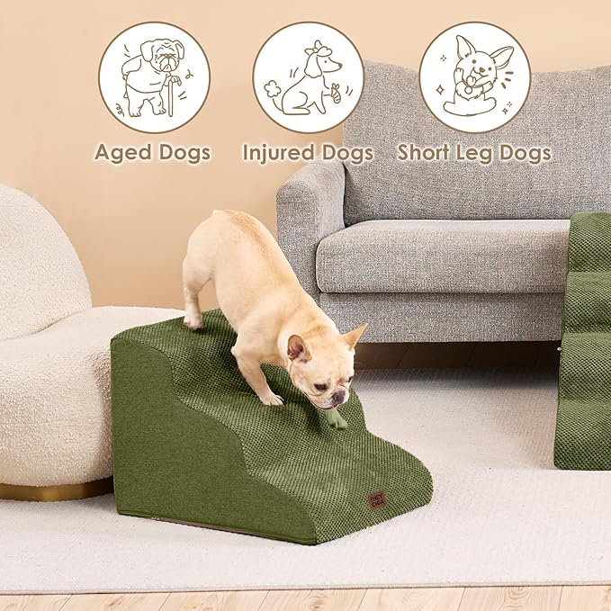 EHEYCIGA Curved Dog Stairs Ramp for Small Dogs 15.7" H, 3-Step Dog Steps for Couch Sofa and Chair, Pet Stairs for Cats, Non-Slip Balanced Pet Steps Indoor, Olive Green