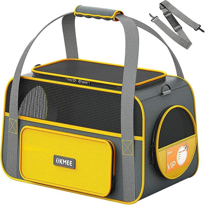 Soft Pet Carrier for Small Medium Cats Dogs Puppies, Cat Carrier with Big Space, 5 Mesh Windows, 3 Doors, Airline Approved, Escape-Proof, Breathable, Leak-Proof, Easy Storage, Grey Orange