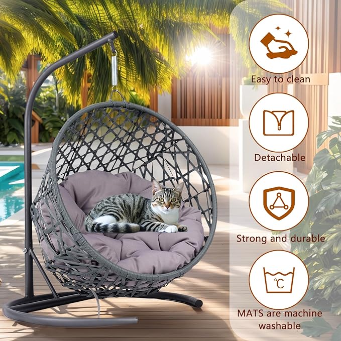 Cat Egg Chair with Stand & Cushion, Cat Swing Bed with Rattan Wicker Appearance, Hanging Chair for Indoor Cats Pet Kitten Puppy Small Dogs (Grey, 19.30 Inch)