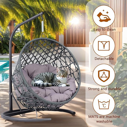 Cat Egg Chair with Stand & Cushion, Cat Swing Bed with Rattan Wicker Appearance, Hanging Chair for Indoor Cats Pet Kitten Puppy Small Dogs (Grey, 19.30 Inch)