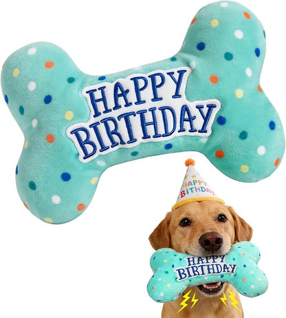 Prime Pets Dog Birthday Toys, Plush Dog Squeaky Toys, Stuffed Puppy Chew Toy for Small Medium Large Dogs, Bone Pet Toy