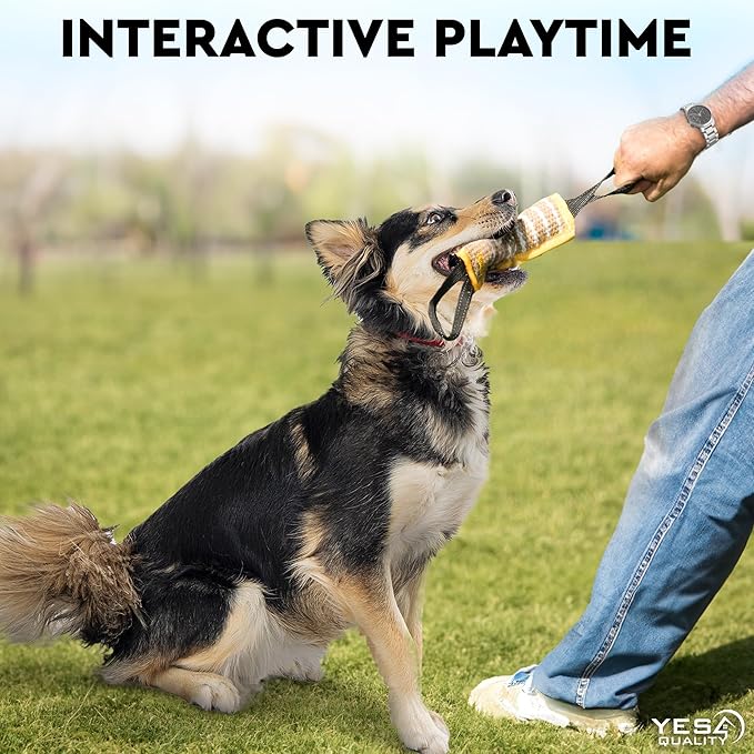 YES4QUALITY Dog Bite Tug Toy - 2 Pack, 11.8"x3.5" - Durable Yellow Pull Toy with 2 Strong Black Handles - Jute Pillow for Small to Medium Dogs - Ideal for Tug of War, Fetch, K9 & Puppy Training