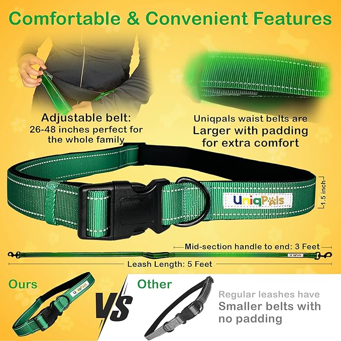 Hands-Free Leash for Small to Large Dogs 5ft - Heavy Duty Adjustable Waist Belt, Padded Handles, Reflective Stitching, Satin Carry Bag for Walking, Running, Hiking