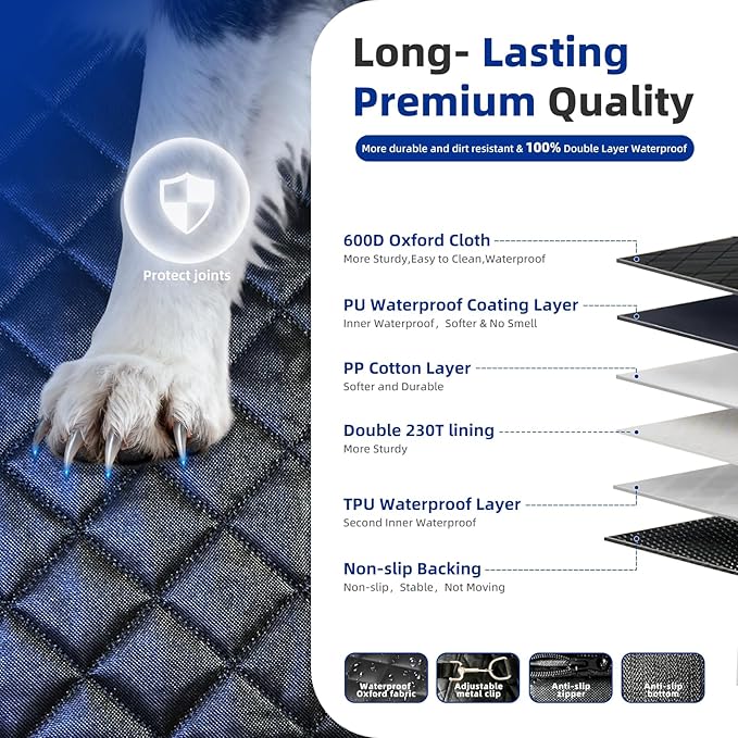 Dog Car Seat Cover for Back Seat, Waterproof Heavy Duty Wear-Resistant Dog Seat Cover, Non-Slip Dog Hammock & Bench Style with Alloy Clips for Cars SUVs Trucks, Medium & Large Dogs