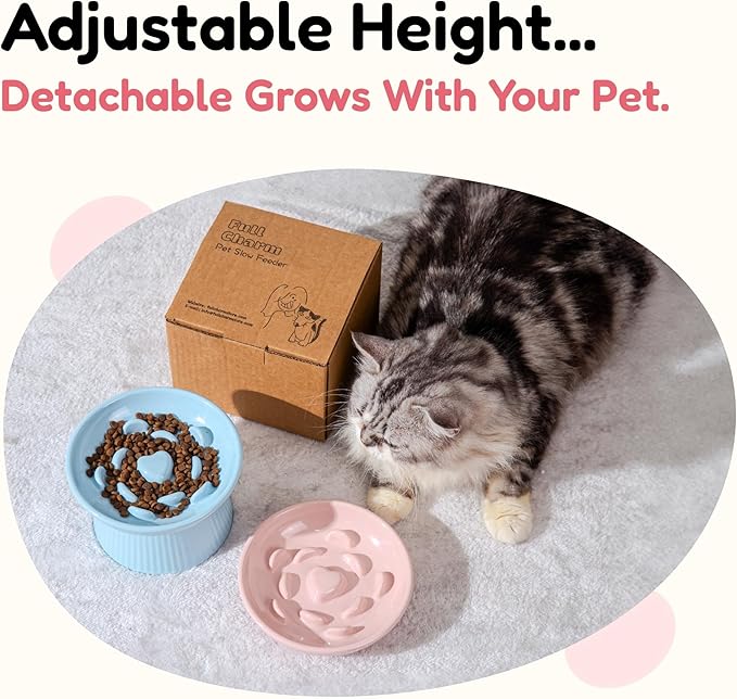 Unbreakable Raised Slow Feeder Bowl for Cats and Small Dogs, Elevated Cat Bowls, Detachable Slow Feede Bowl, Heavy Weighted, Non-Slip Feeder, Whisker Friendly (Pink, Round - 6.2w'' x 1.5h'' inch)