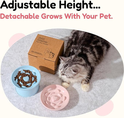 Unbreakable Raised Slow Feeder Bowl for Cats and Small Dogs, Elevated Cat Bowls, Detachable Slow Feede Bowl, Heavy Weighted, Non-Slip Feeder, Whisker Friendly (Pink, Round - 6.2w'' x 1.5h'' inch)