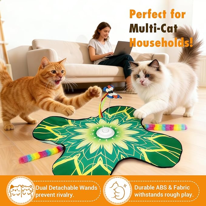 Hide and Seek Cat Toy Mat, 3-in-1 Interactive Cat Toys for Indoor Cats with Fluttering Butterfly & Moving Concealed Feathers, 3 Prey Sounds, Rechargeable Auto Play Mat for Bored Adult Cats & Kittens