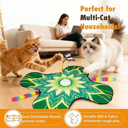 Hide and Seek Cat Toy Mat, 3-in-1 Interactive Cat Toys for Indoor Cats with Fluttering Butterfly & Moving Concealed Feathers, 3 Prey Sounds, Rechargeable Auto Play Mat for Bored Adult Cats & Kittens