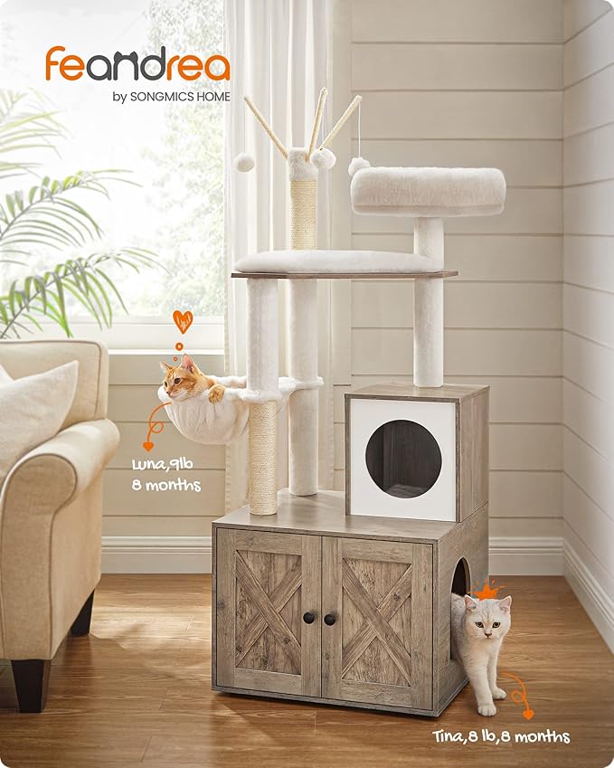 Feandrea Cat Tree with Litter Box Enclosure, 59-Inch Modern Cat Tower, 2-in-1 Condo with Scratching Posts, Washable Removable Cushion, Greige UPCT113G01