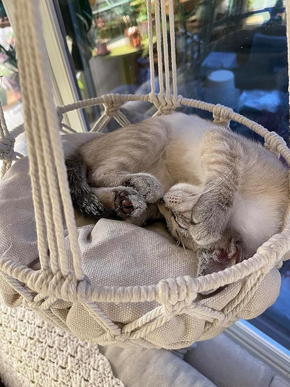 Macrame Cat Hammock Bed,Handwoven Hanging Boho Cat Bed with Hanging Kit for Indoor Outdoor Home Decor Ceiling Catio Swing for Playing Sleeping Climbing and Lounging(15.74x15.74x47.24IN)(L)