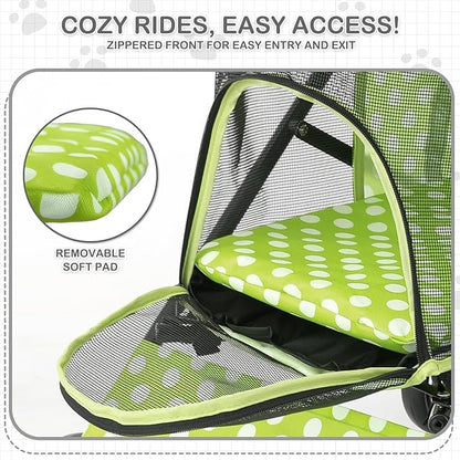 Dog Stroller, 4 Wheels Pet Stroller for Cats with Storage Bag&Visible Mesh, Easy-Fold Umbrella Shaped Cat Stroller and Pet Stroller for Medium Dogs&Small Dogs, Lawn Green with White Polka Dots