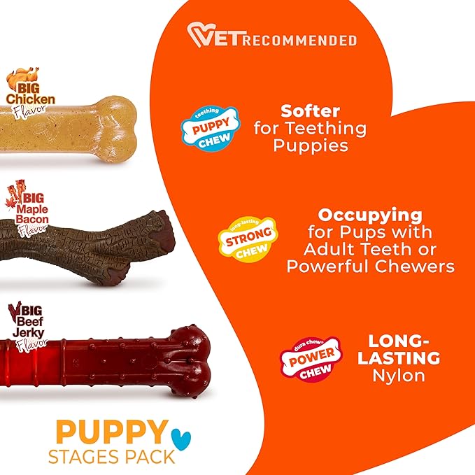 Nylabone Puppy Stages Chew Toy Set, Teething and Chewing Toys for Growing Puppies, Chicken, Maple Bacon, & Beef Jerky Flavors, Medium Dogs - Up to 35 lbs., 3 Pack