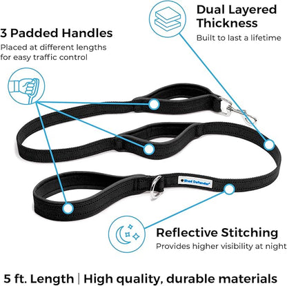 Shed Defender 5 ft. Standard Dog Leash - Three Padded Traffic Handles, Designed in the USA, Dual Layered Thickness Heavy Duty, Reflective Stitching, Large Dogs & Small Breed, Training Lead (Red)