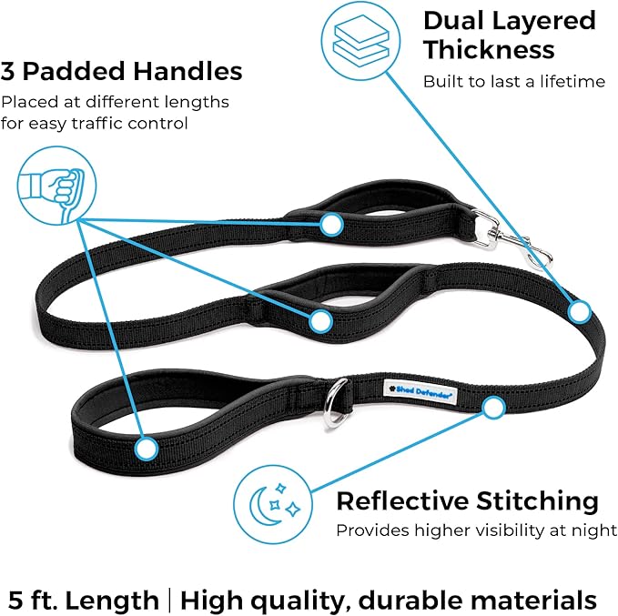 Shed Defender 5 ft. Dog Leash - Three Padded Traffic Handles - Designed in the USA - Dual Layered Thickness for Extra Strength - Reflective Stitching - Large & Small Breed - Training Lead (Pink)