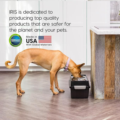 IRIS USA Elevated Dog Bowls with Storage, 9" H Raised Bowl for Small Dogs, Airtight Pet Food Storage Holds Up to 13 lbs, At Home or Camping, Smoke/Black