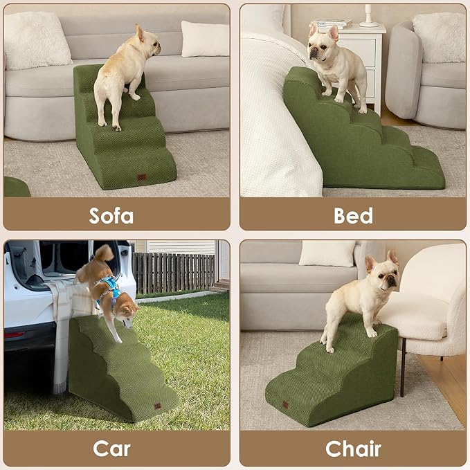 EHEYCIGA Curved Dog Stairs Ramp for Small Dogs 15.7" H, 3-Step Dog Steps for Couch Sofa and Chair, Pet Stairs for Cats, Non-Slip Balanced Pet Steps Indoor, Olive Green