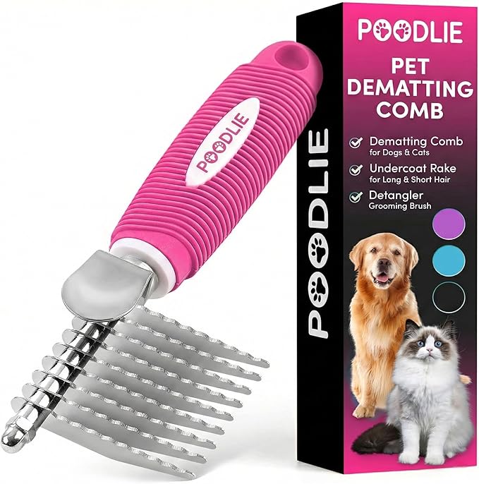 Poodle Dematting Fur Rake Comb Brush for Dogs and Cats - Long 2.5" Steel Safety Blades Metal Comb for Detangling Matted or Knotted Undercoat Hair