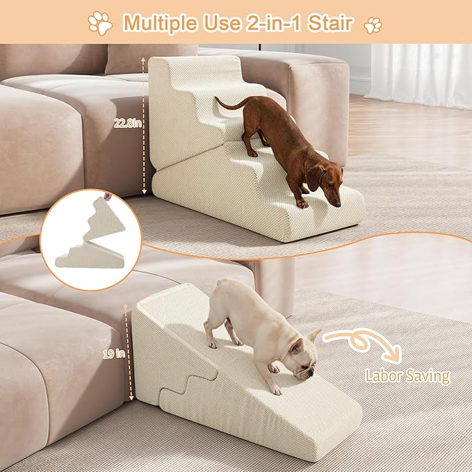 Dog Ramp for Bed, 23" H Dog Stairs for High Bed, 2 in 1 Pet Steps for Small Dogs, 5-Step Foldable Transformable Large Cats Ramp to Get on Couch, Non-Slip Balanced, Beige