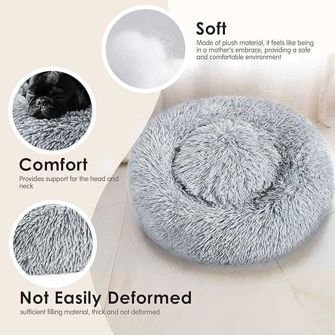 Dogs Bed for Small Dogs, Anti-Anxiety Washable Round Bed (Light Grey, 24.0" L x 24.0" W x 8.0" Th)