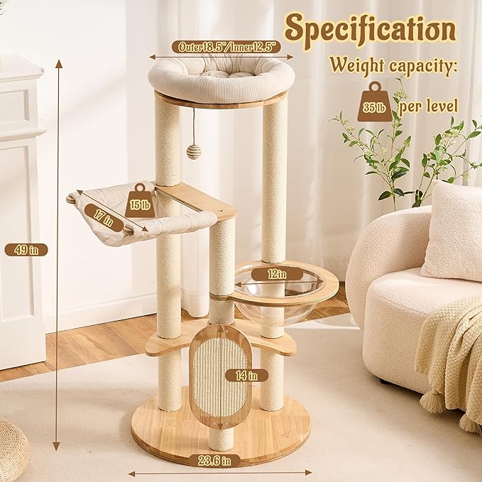 Modern Solid Wood Cat Tree for Indoor Cats Up to 15lbs, 49" Tall Cat Tower with Scratching Posts & Scratcher, Large Cat Bed, Hammock, Capsule Nest, Dangling Ball, Multi-Level Cat Furniture