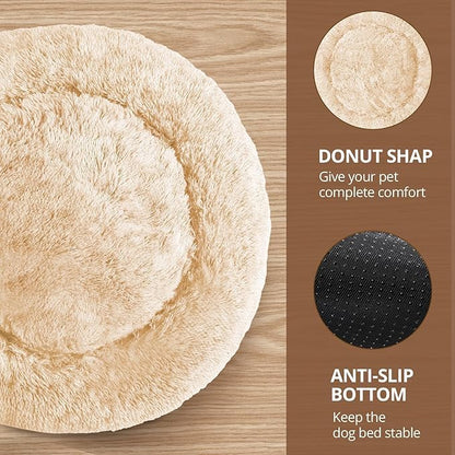 JOLLYVOGUE Calming Dog Beds Large Sized Dog, 36in Donut Washable Large Pet Bed, Anti-Slip & Anti-Anxiety Fluffy Faux Fur Round Dogs Bed, Fits up to 80 lbs Pets (Off White)