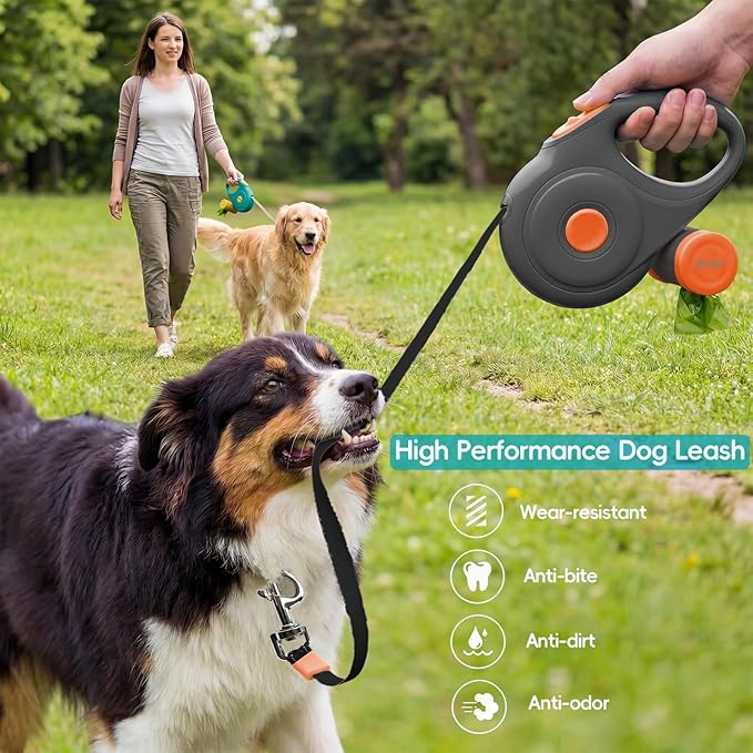 Retractable Dog Leash 26FT for Medium & Large Dogs, Sturdy Heavy-Duty Nylon Tape with Secure Locking Carabiner & Poop Bag Holder, Smooth One-Hand Control, Anti-Slip Handle, Tangle-Free Design (Black)