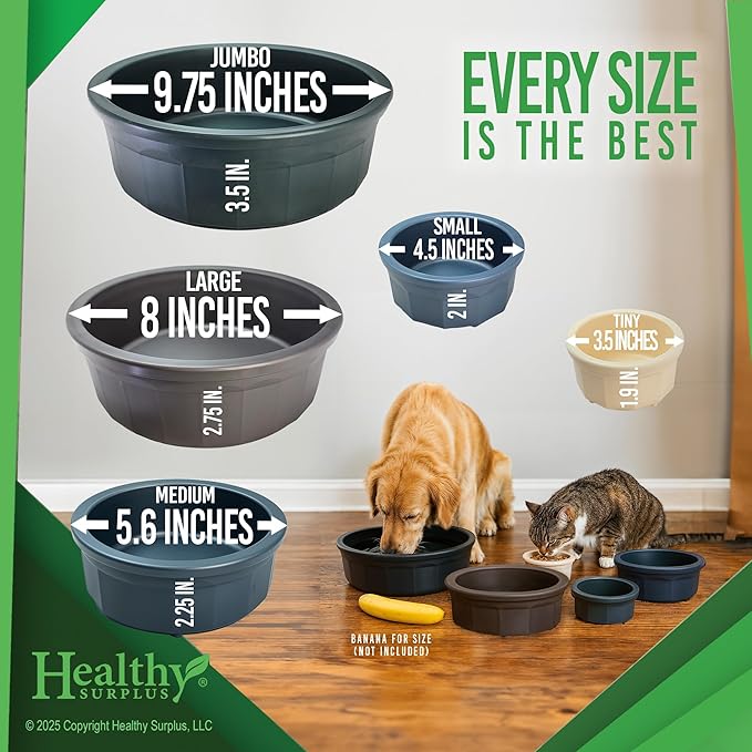 Pet Crock Bowl – Thick Durable Plastic Non-Tip Food & Water Dish for Dogs, Cats & Small Animals – 8 Inch Diameter - Indoor/Outdoor – Chew Resistant, Easy Clean (Gray, Large 48oz)